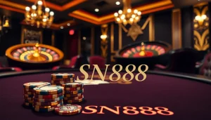 Experience high-stakes poker excitement at SN888, featuring chips and cards in a lavish setting.