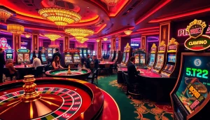 Experience the excitement of gambling at PH22211.COM with vibrant casino scenes featuring poker tables and roulette wheels.