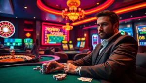 Nohu90 players engaging in an exciting casino experience with roulette and poker.