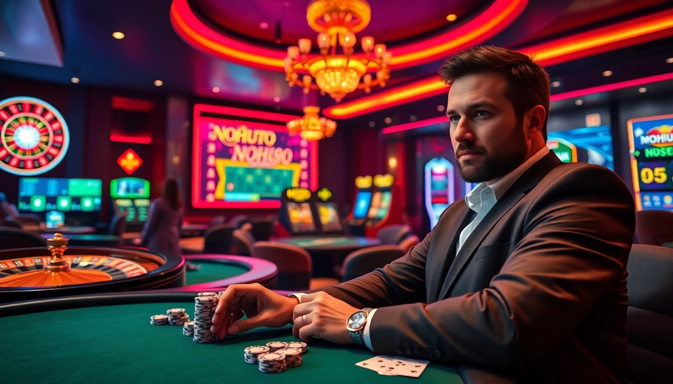 Nohu90 players engaging in an exciting casino experience with roulette and poker.