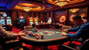 Players strategizing at a poker table within the upscale environment of https://9dbett.com.br, surrounded by vibrant casino elements.