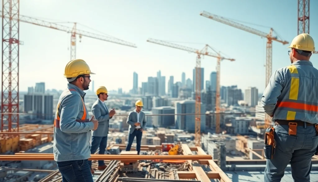 Workers engaged in Austin construction project highlighting teamwork and urban development.