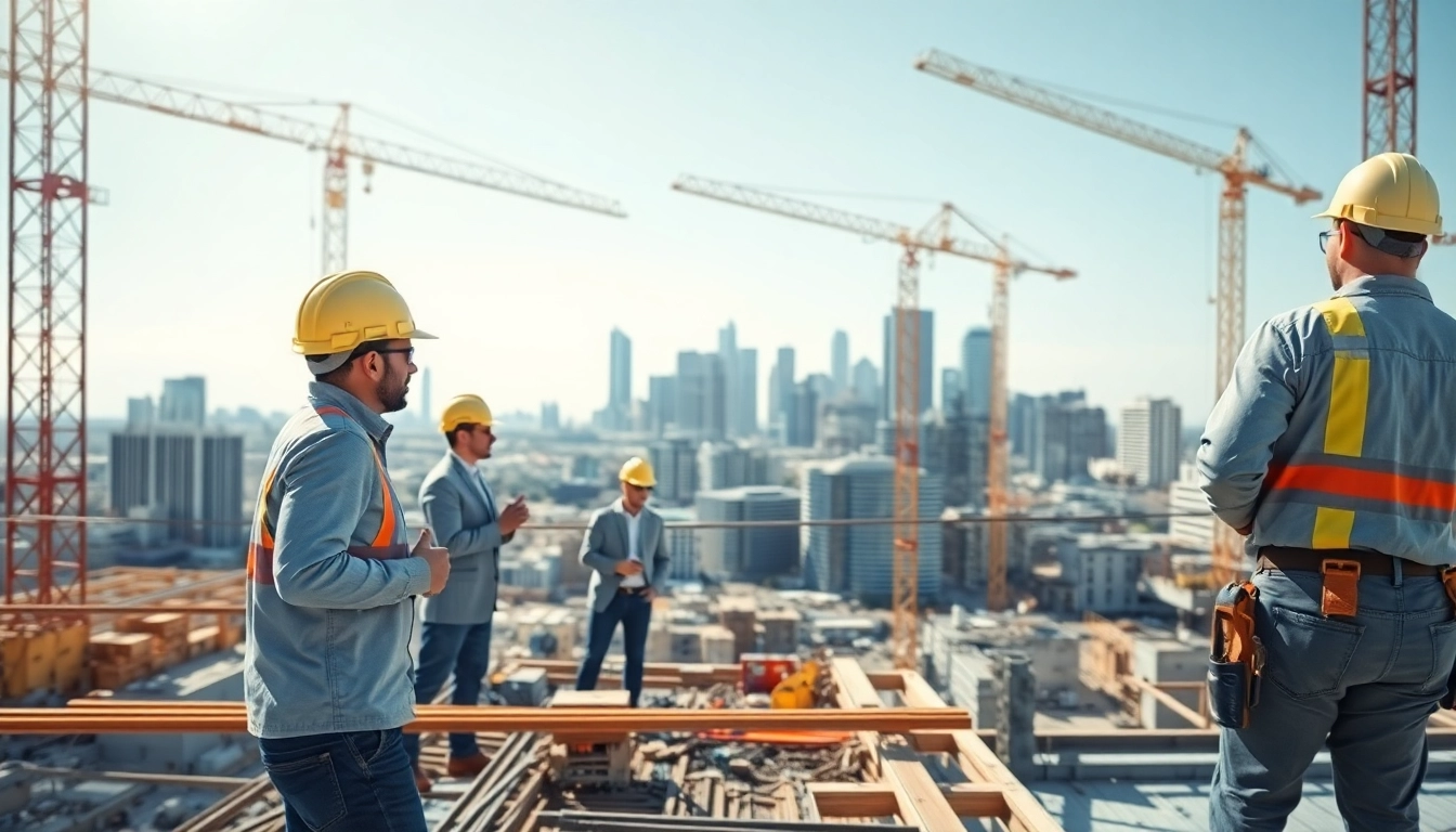 Workers engaged in Austin construction project highlighting teamwork and urban development.