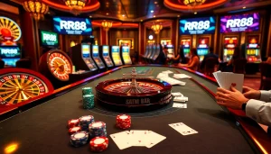 RR88 gaming interface with dynamic roulette wheel, poker successes, and vibrant slot machines.