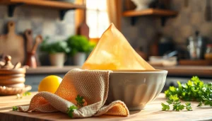 Kaasdoek gebruikt voor het zeven van sap in een professioneel ogende keuken.