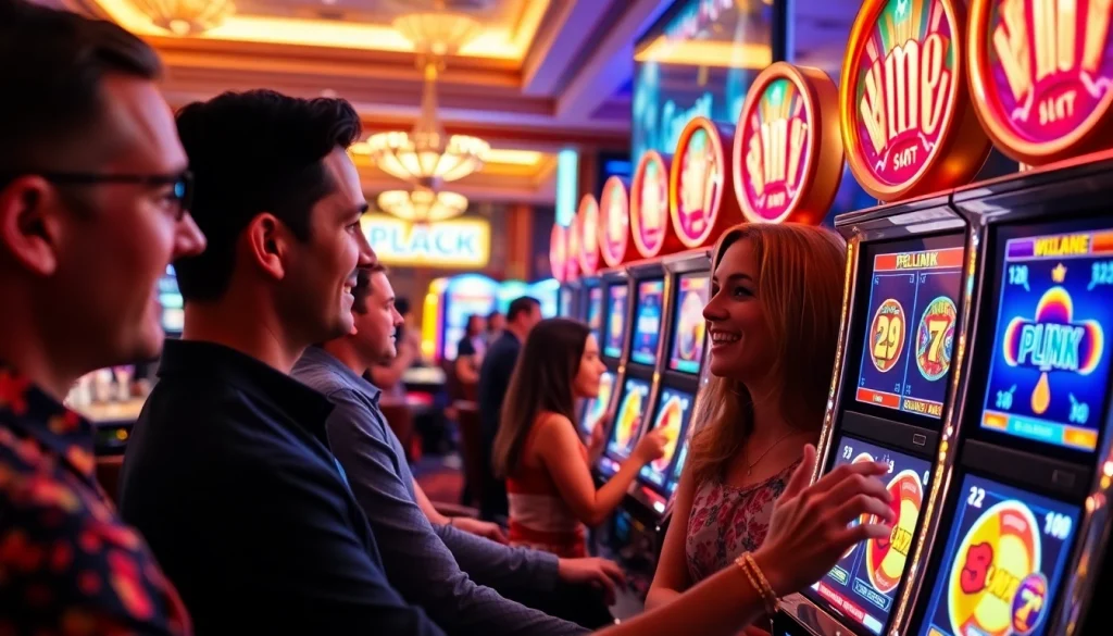 Permainan plink slot yang menarik dengan pemain terlibat dalam suasana kasino yang ceria.