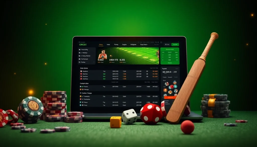 Crickex betting interface showcasing cricket betting excitement with poker chips and live game statistics.