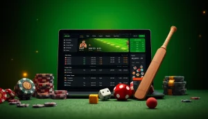 Crickex betting interface showcasing cricket betting excitement with poker chips and live game statistics.