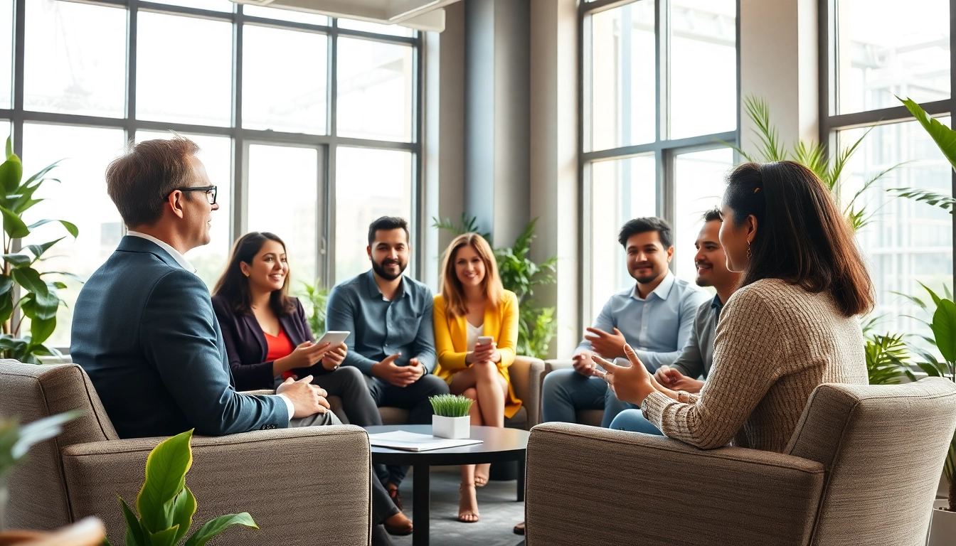 Engaged team in a business coaching service session fostering collaboration and growth.