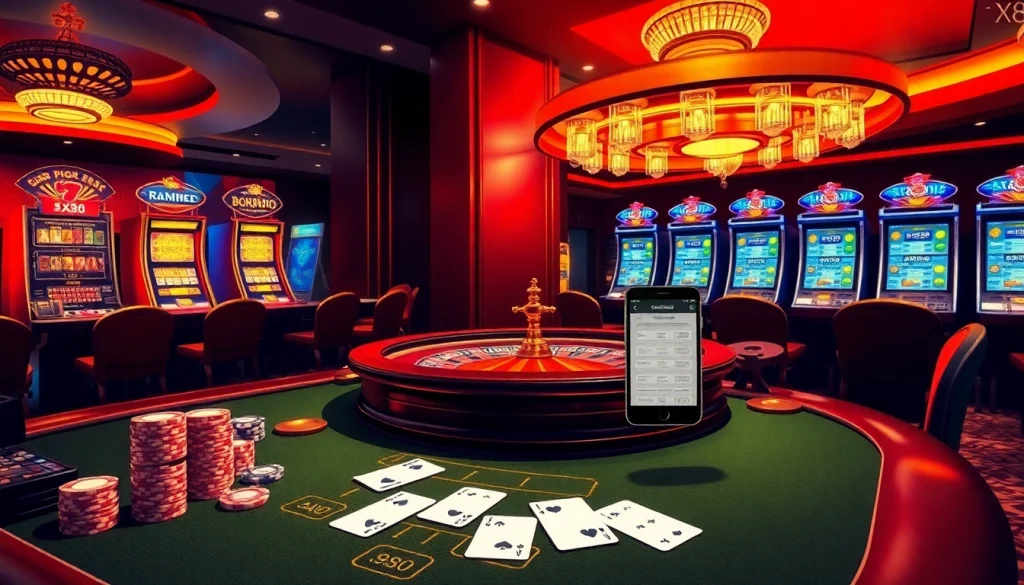 Experience the excitement of gambling at xx88 with a luxurious casino scene featuring roulette and poker tables.