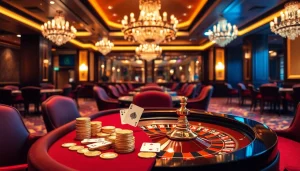 Players engaging in a thrilling poker game at https://888newco.com/, showcasing vibrant casino colors and luxurious decor.