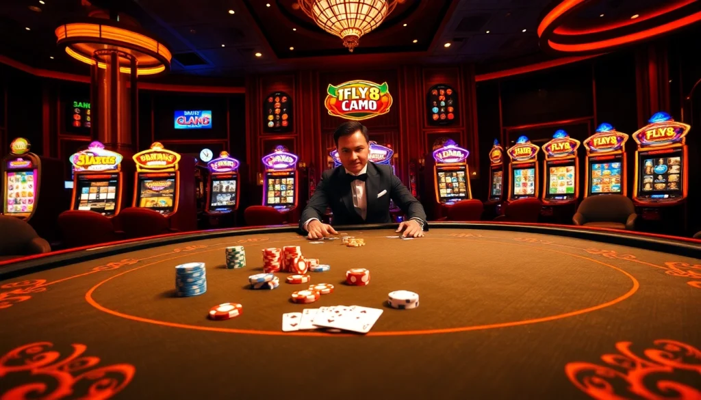 Enjoying a thrilling poker game at Fly88 Casino, showcasing vibrant elements and professional gameplay.