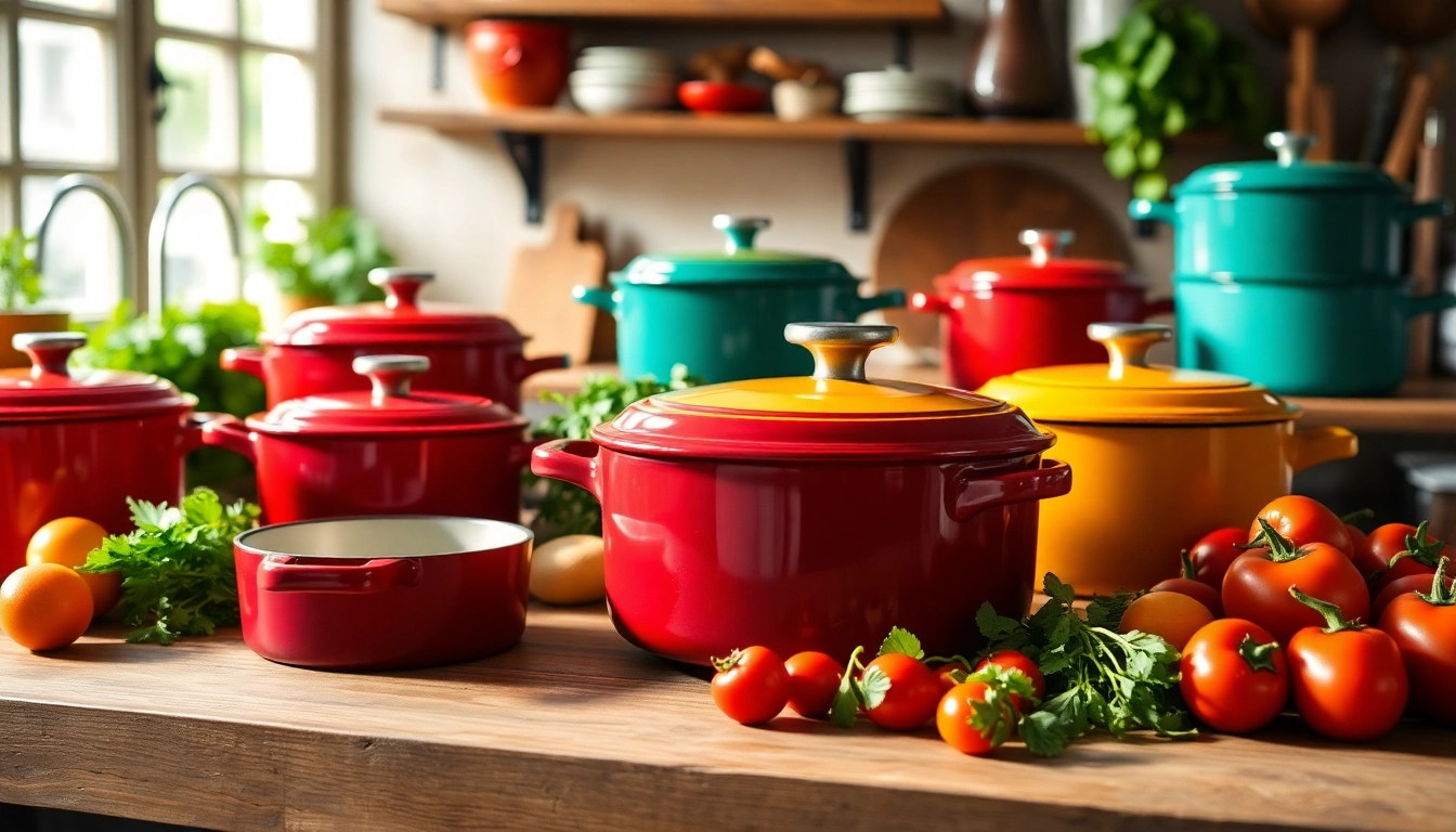 Beautifully arranged Le Creuset NZ cookware on a wooden countertop with fresh ingredients.