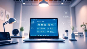 Sogou输入法 interface displayed on a modern laptop in a stylish workspace, showcasing voice recognition and cross-device features.