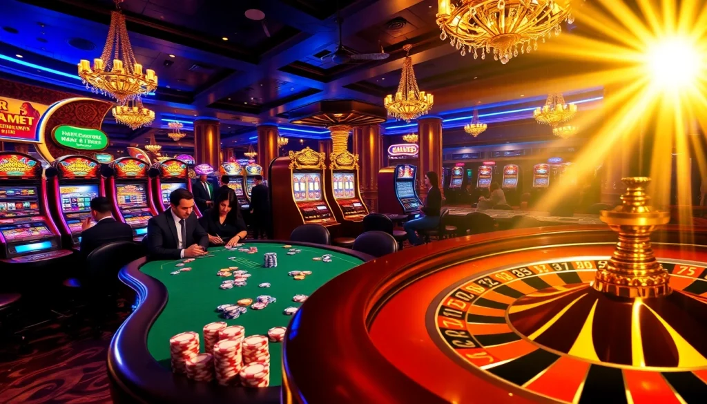 Sunwin poker players enjoying a thrilling casino experience with vibrant slot machines.