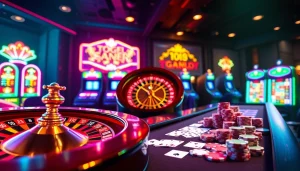 Pemain Togel Sumo menikmati suasana kasino yang hidup dengan meja roulette dan mesin slot.