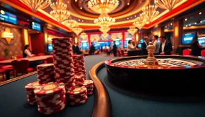 XN88's lively casino scene showcasing exciting gaming action with a high-stakes poker table and roulette wheel.