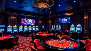 Experience the excitement of xx88 with stylish casino tables and vibrant gaming machines.