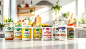 Showcase of bulk sweetener varieties in a modern kitchen setting featuring vibrant packaging.