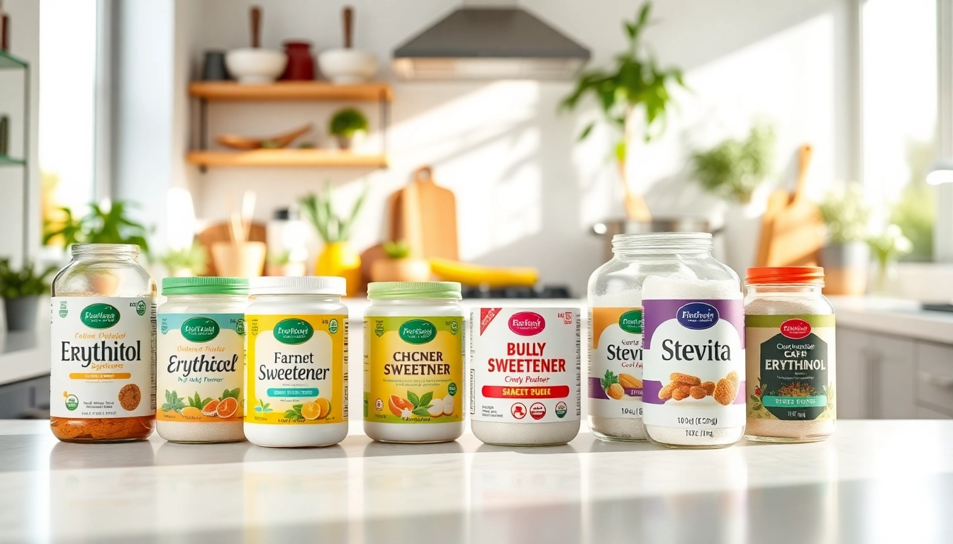 Showcase of bulk sweetener varieties in a modern kitchen setting featuring vibrant packaging.