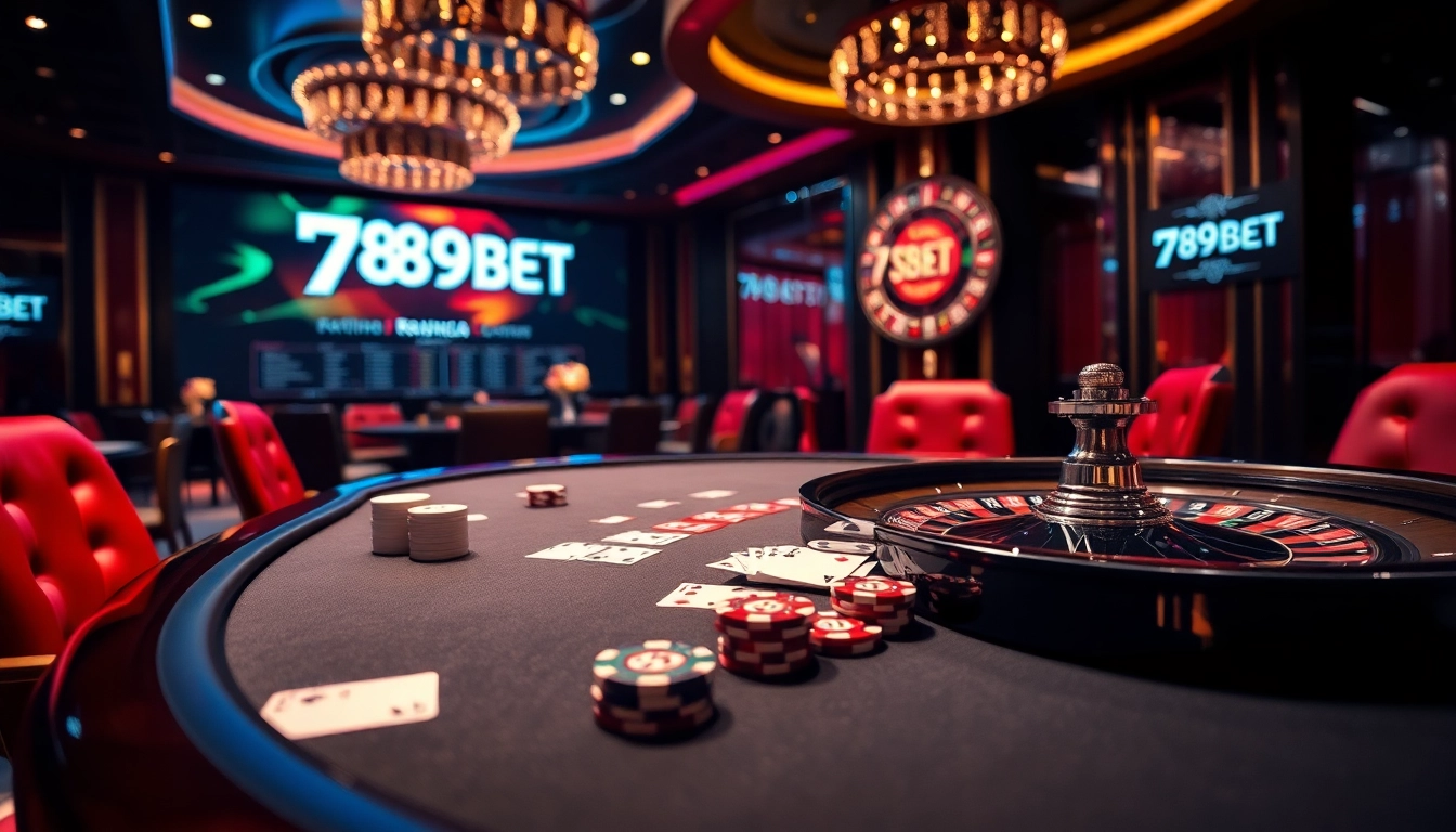 Exciting gaming action at nhà cái 789BET, showcasing a roulette table and poker chips.