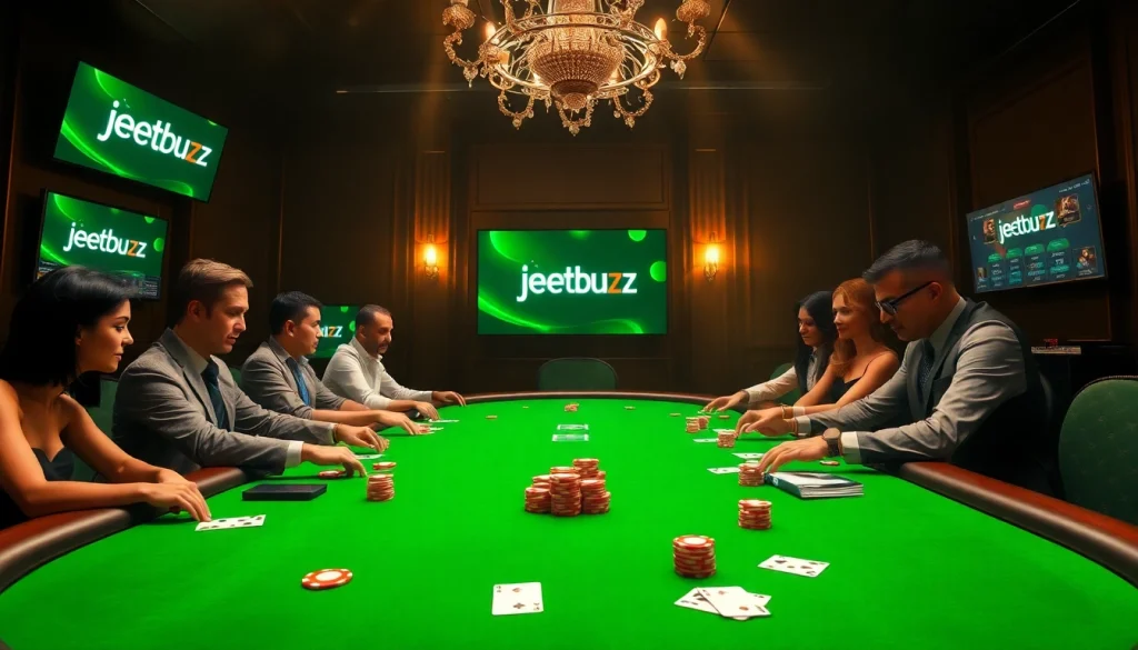 Engaging poker players accessing jeetbuzz লগইন at a luxurious casino table with vibrant chips and cards.