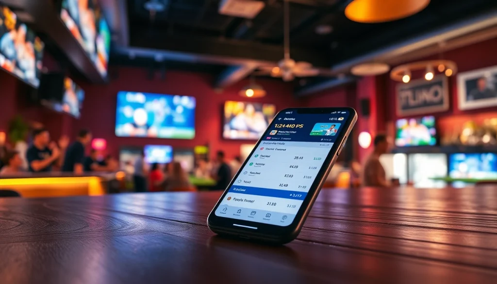 Showcase engaging sports betting apps South Carolina on a sleek smartphone in a lively sports bar.