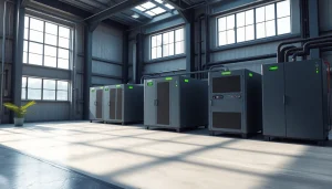 Advanced commercial storage solution featuring modern battery systems in a sustainable industrial setting.