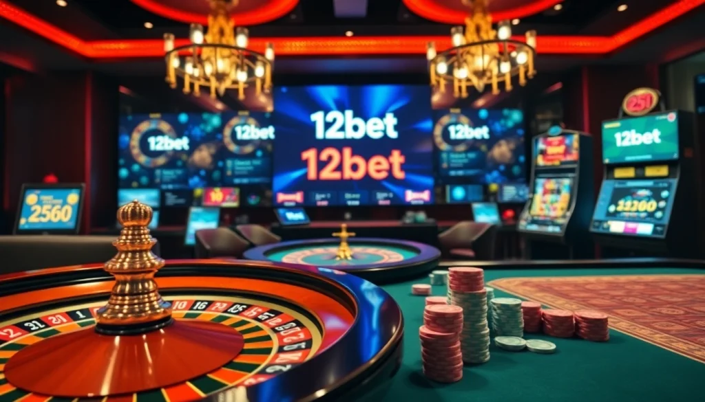 Experience luxury gambling visuals featuring 12bet's vibrant casino atmosphere with roulette and slot games.