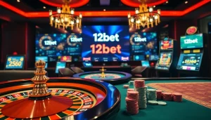 Experience luxury gambling visuals featuring 12bet's vibrant casino atmosphere with roulette and slot games.