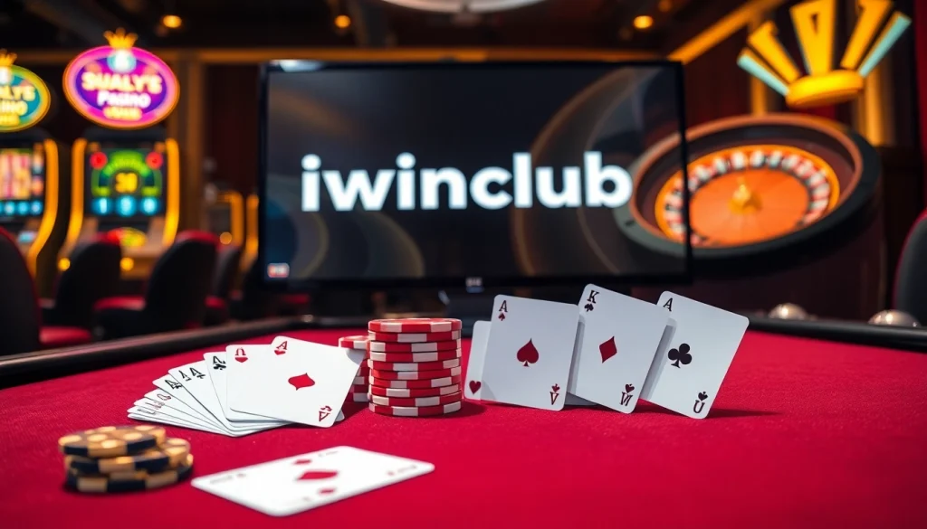 Experience the thrill of gaming at iwinclub with vibrant casino elements, luxurious table setups, and engaging online interfaces.