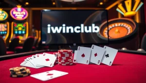 Experience the thrill of gaming at iwinclub with vibrant casino elements, luxurious table setups, and engaging online interfaces.