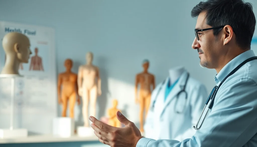 Illustration of a doctor explaining brain fog symptoms to a patient in a calm healthcare environment.