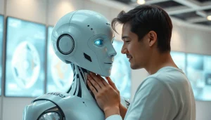 Engaging AI sex robot providing emotional intimacy in a modern setting.