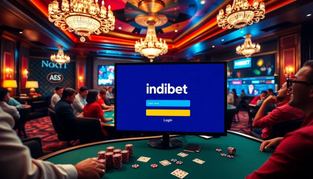 Exciting scene depicting an Indibet game login interface at a poker table in a luxurious casino setting.