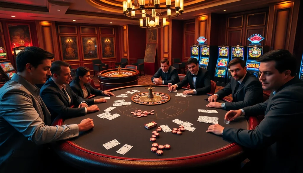 Engaged players at a poker table inside the luxurious casino atmosphere of https://rr88.wales/.