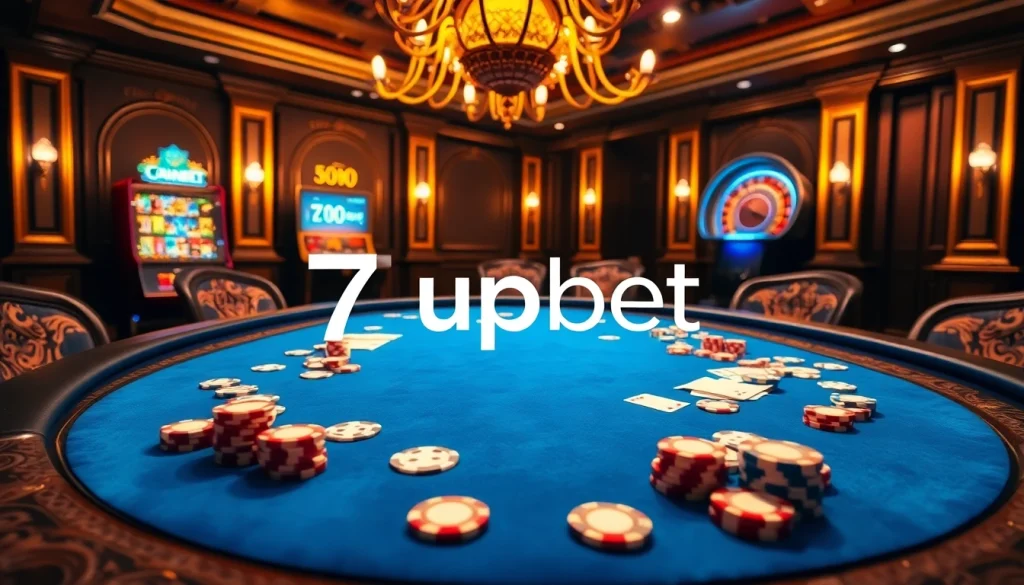 Join intense gameplay at 7upbet with a luxurious poker table adorned with chips and cards.