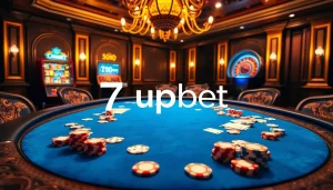 Join intense gameplay at 7upbet with a luxurious poker table adorned with chips and cards.