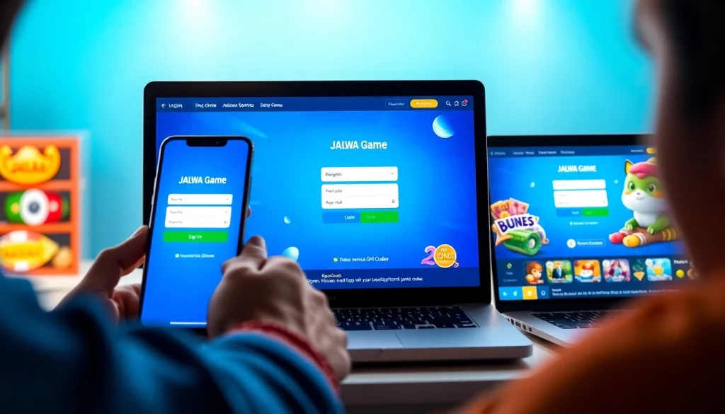 Jalwa game login interface displayed on desktop and mobile devices, highlighting user accessibility and bonuses.