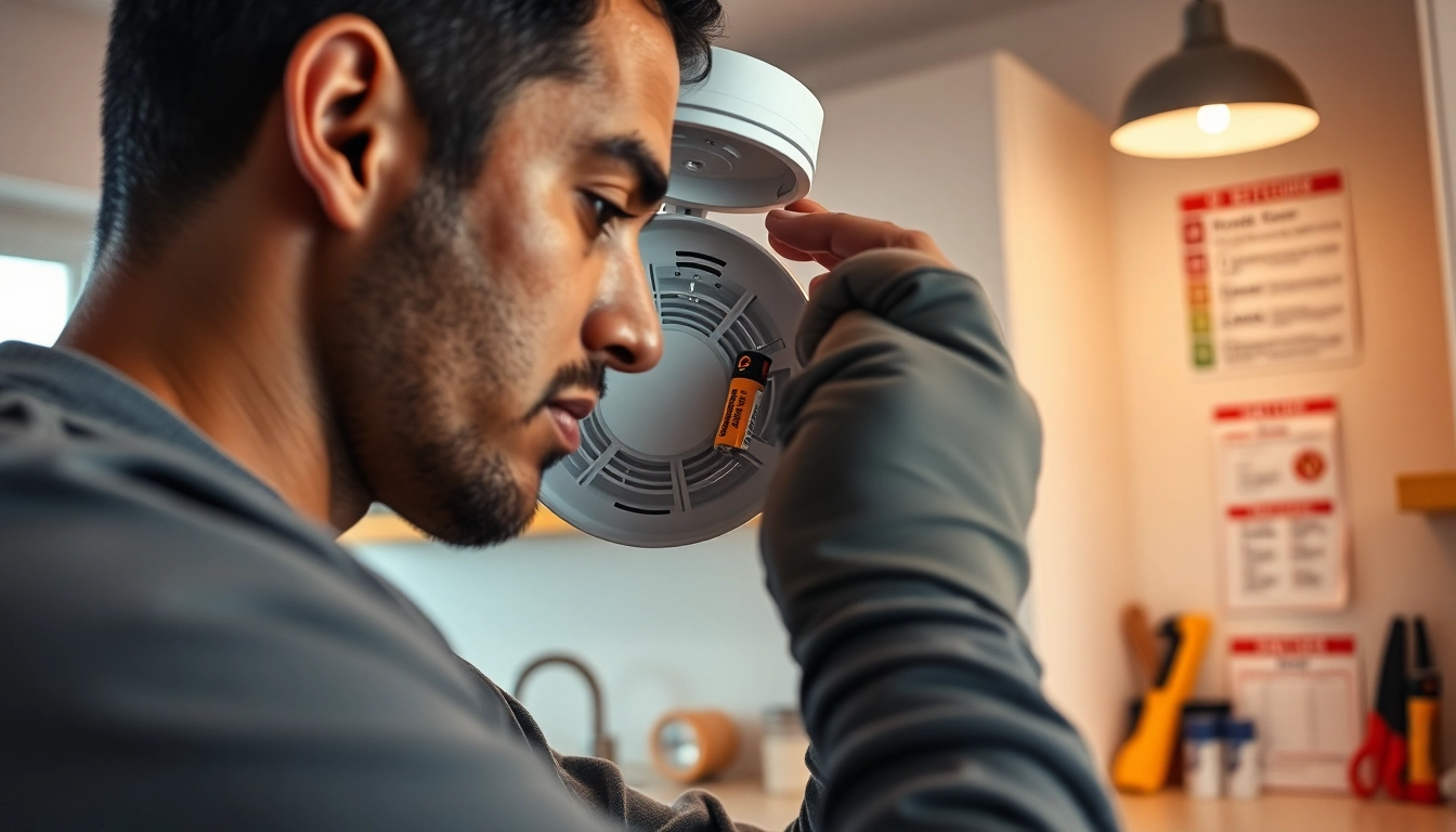 Replace smoke detector battery in a home setting with a technician focused on safety.