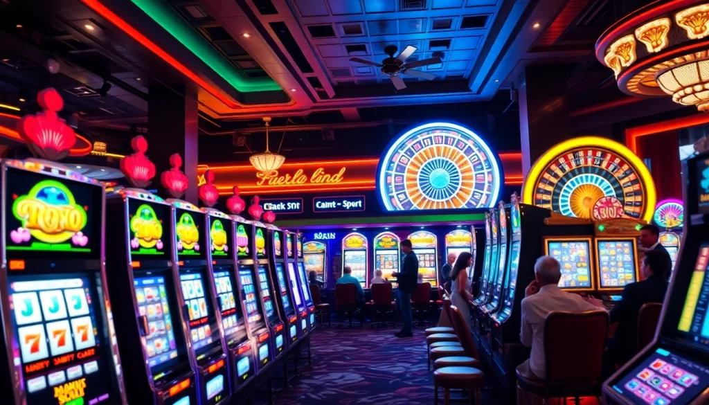 SLOT machines enhanced by colorful neon lights attract excited players in a luxurious casino setting.