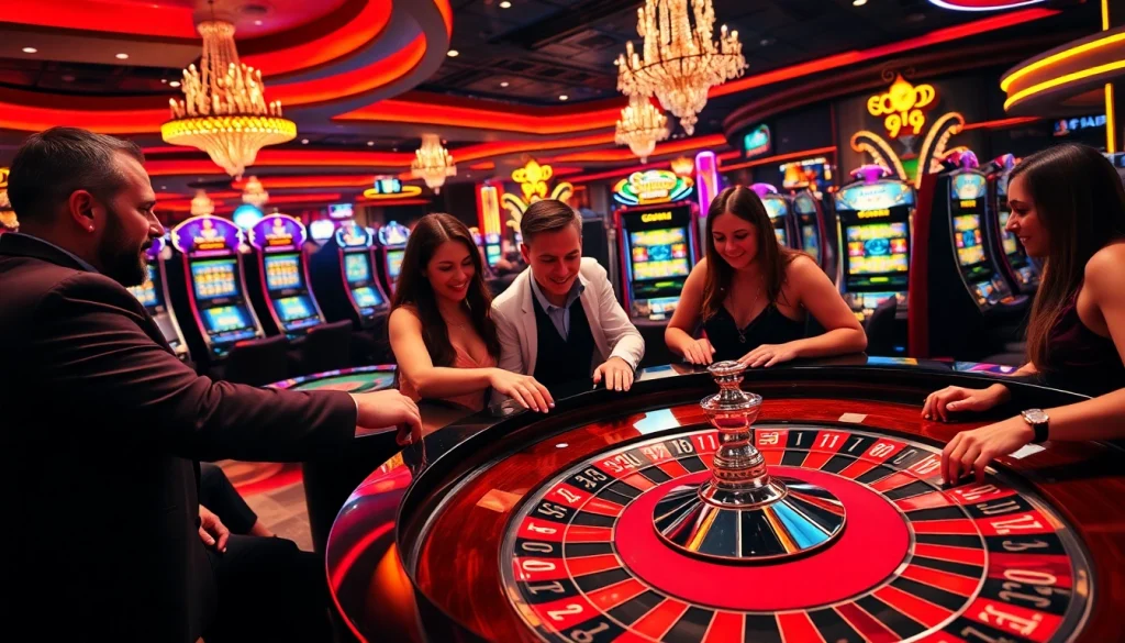 SODO Casino scene with players betting on roulette and slot machines illuminating the atmosphere.