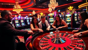 SODO Casino scene with players betting on roulette and slot machines illuminating the atmosphere.