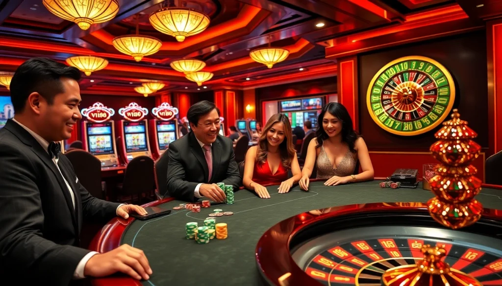 Engage with high-stakes gambling at a luxurious gaming table in a vibrant casino featuring vn168 elements.