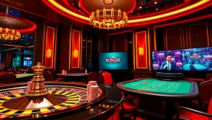 BONG88 online gambling scene featuring a roulette wheel and engaged players in a luxurious casino setting.
