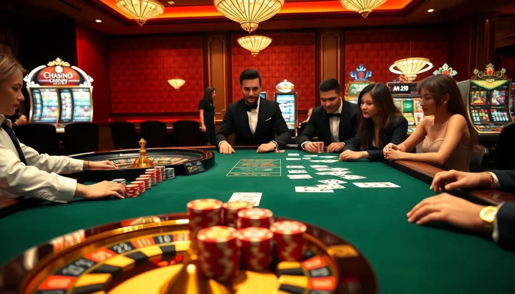 Exciting QH88 casino scene with luxurious poker and roulette set-up for serious gamblers.