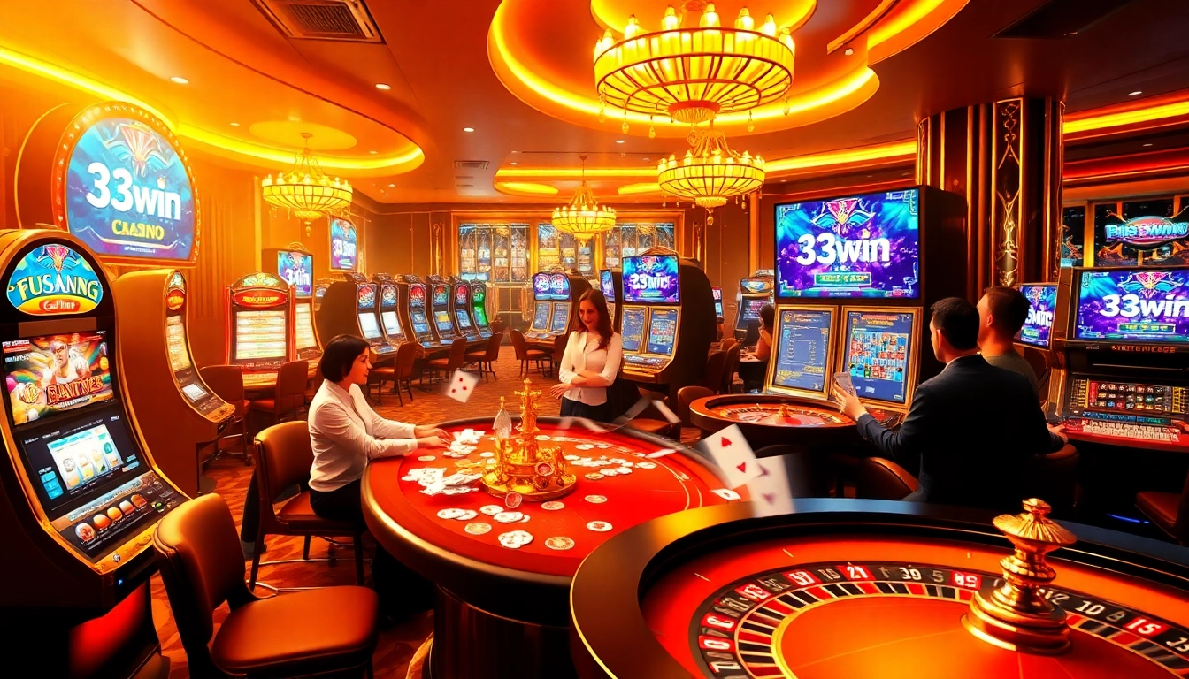 Exciting players enjoying various games at 33win casino with vibrant slots, poker, and roulette.