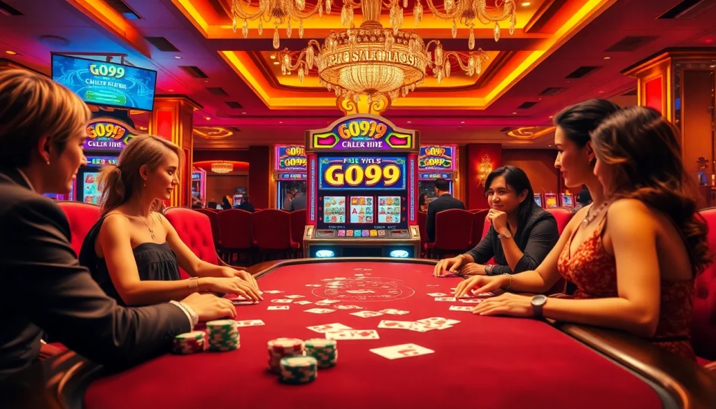 Players enjoying vibrant GO99-themed slot machines in a luxurious casino setting.