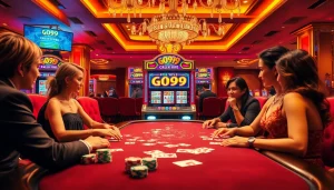 Players enjoying vibrant GO99-themed slot machines in a luxurious casino setting.
