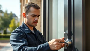 Schlüsseldienst Karlsruhe führt eine schadenfreie Türöffnung mit professionellen Werkzeugen in einer städtischen Umgebung durch.
